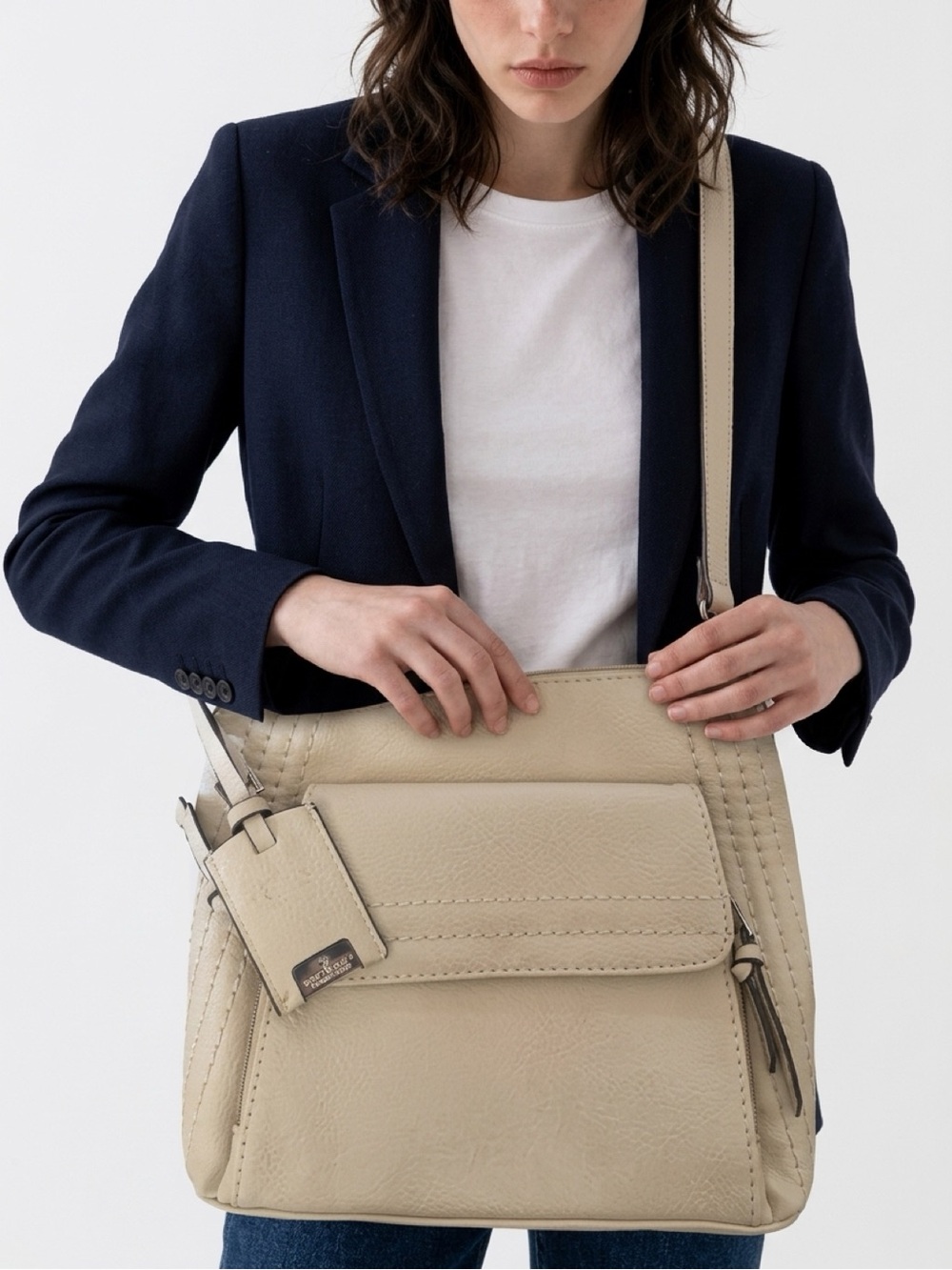 Structured Cream Leather Shoulder Bag with Front Flap